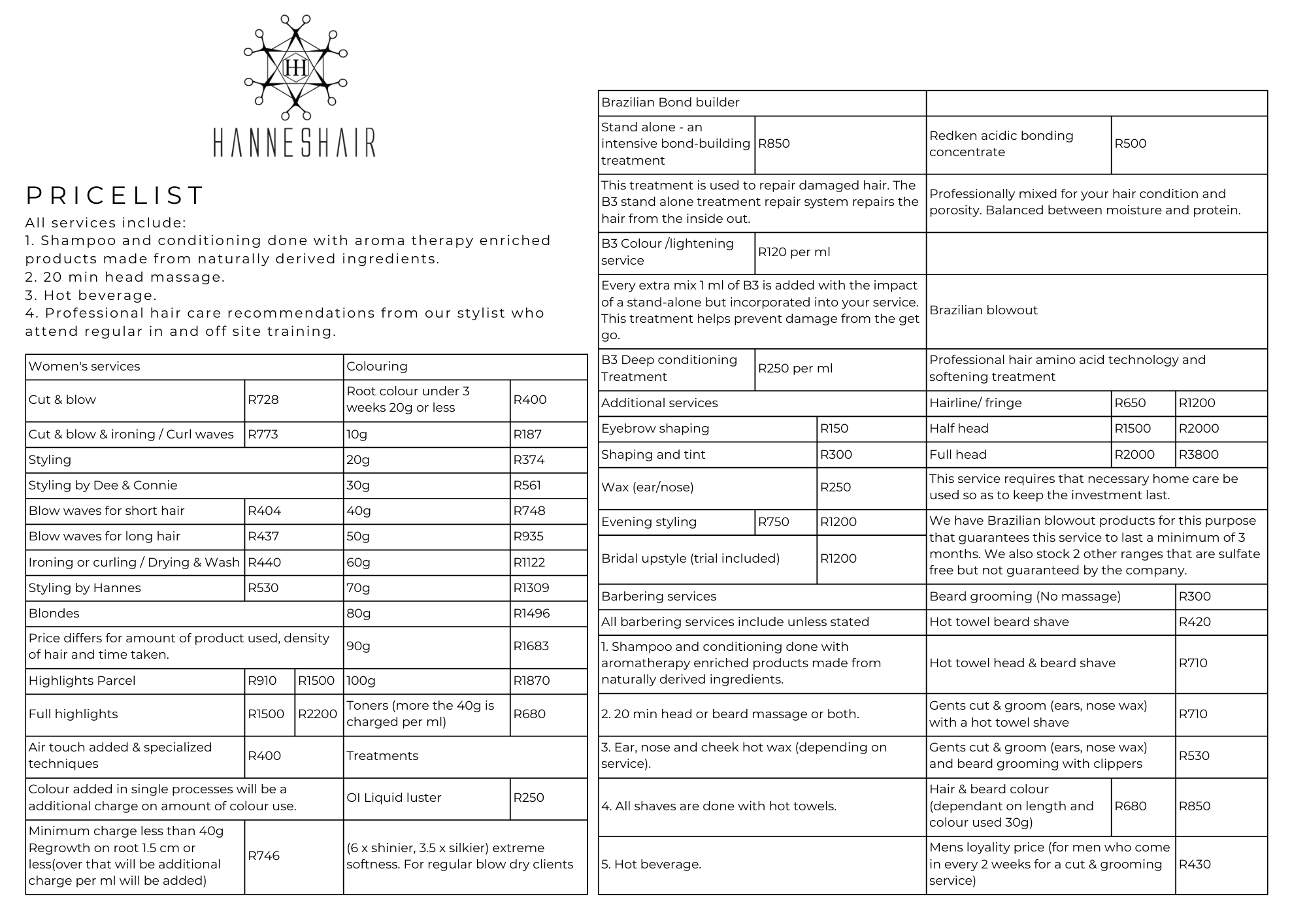 hair salon price list